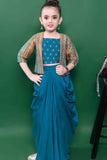 Teal Blue Embroidery Top And Dhoti Bottom Set With Brocade Overcoat For Girls