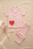 Pink Heart Print Night Suit Set For Girls