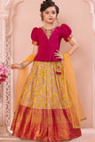 Maroon Peplum Top & Yellow Woven Pattu Pavadai Set with Dupatta For Girls