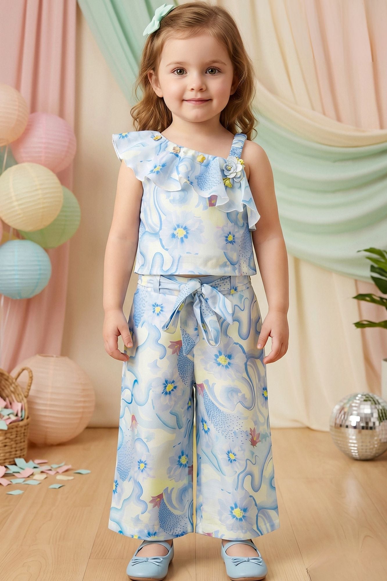 Girls Blue Floral Printed One-Shoulder Co-Ord Set with Wide-Leg Pants