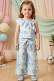 Girls Blue Floral Printed One-Shoulder Co-Ord Set with Wide-Leg Pants