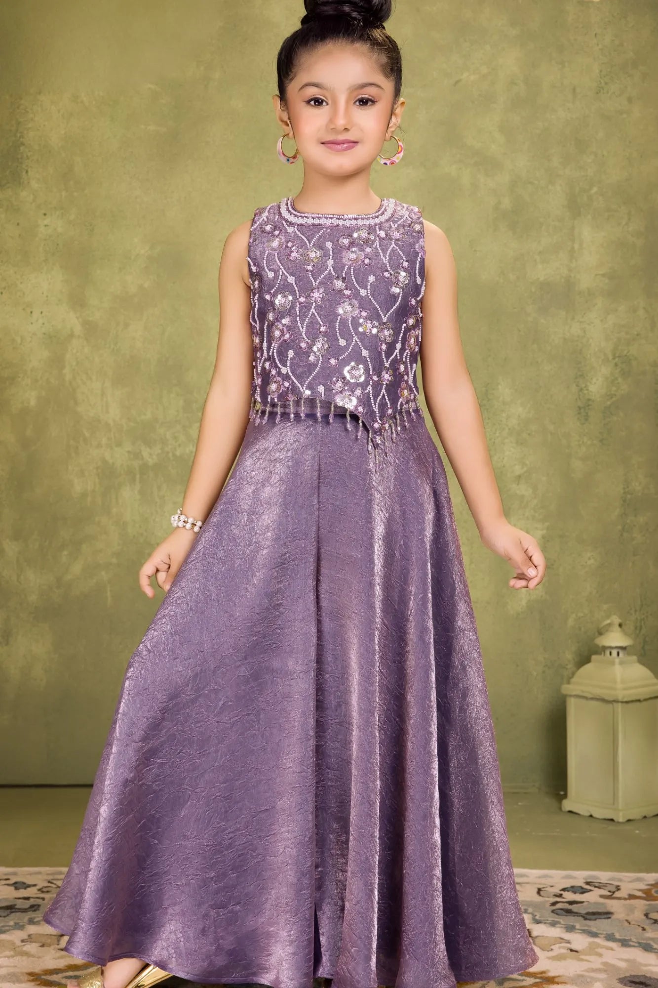 Lavender Organza Palazzo Set with Bead & Sequins Work Top For Girls