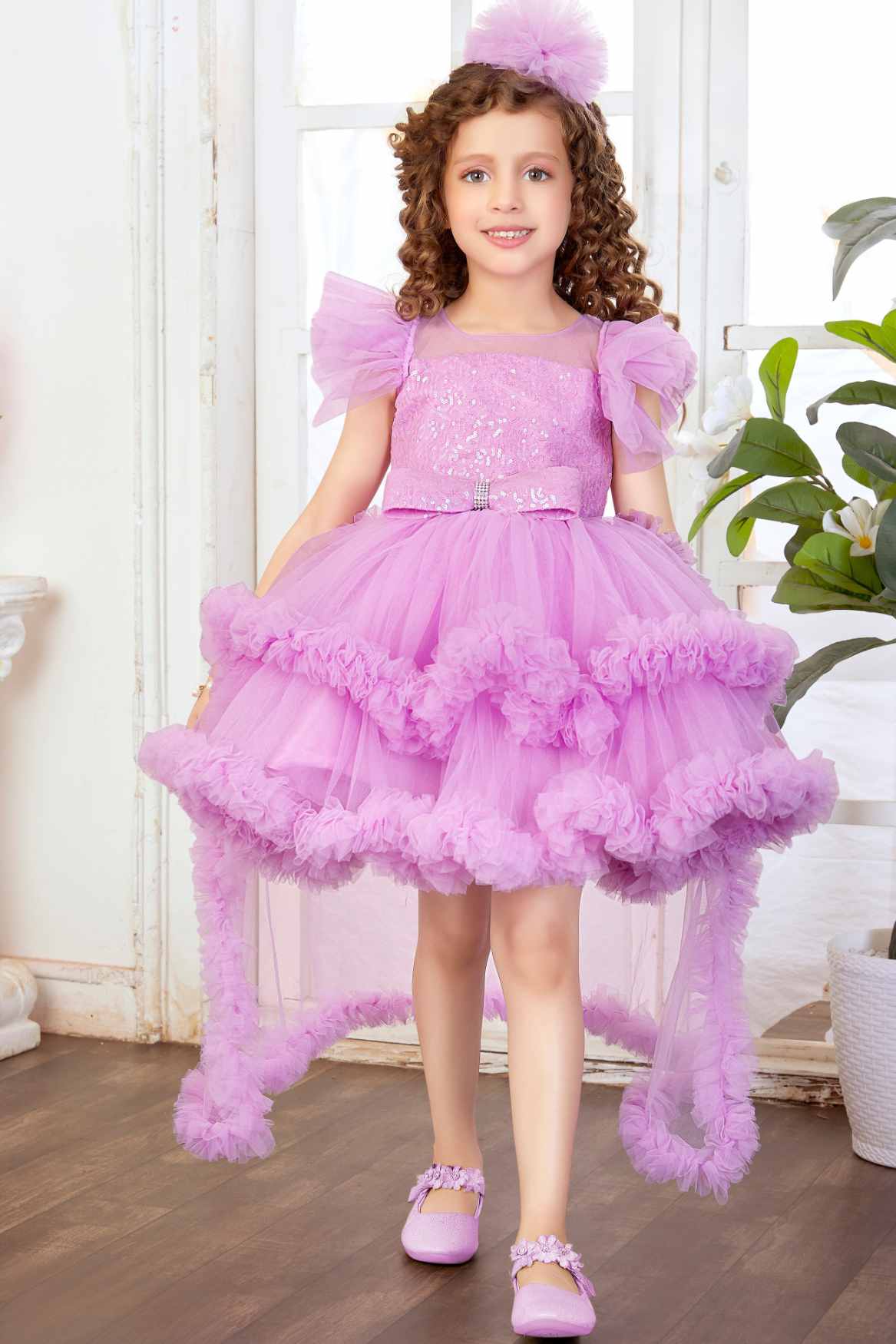 Purple Tailback Frock With Bow Embellished For Girls