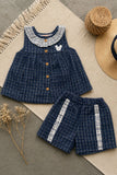 Adorable Girls Navy Blue Checked Top & Shorts Set with Ruffle Collar