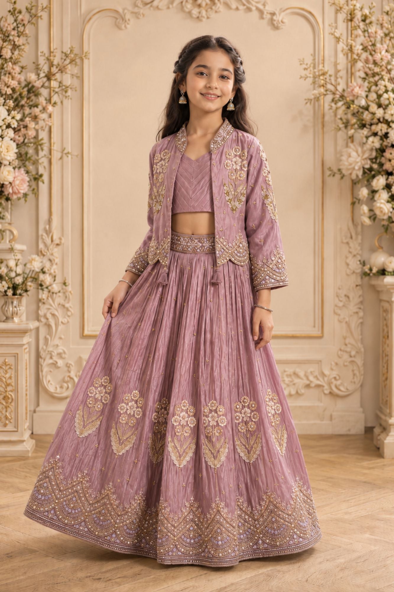 Dusty Mauve Heavy Floral Embroidered Lehenga Choli with Jacket