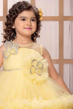Lemon Yellow Sleeveless And Butterfly Embellished Tailback Frock For Girls