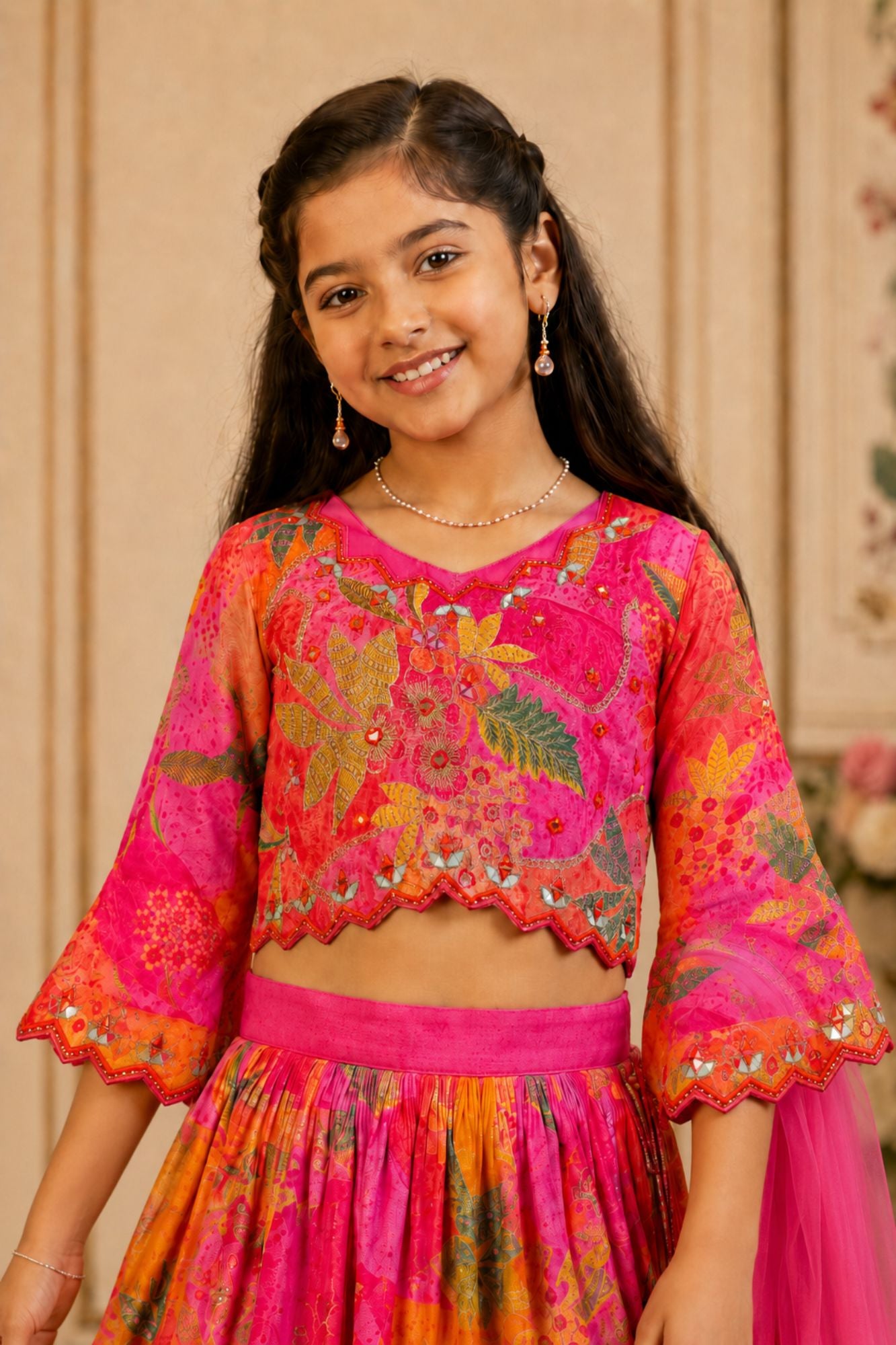 Pink and Orange Floral Printed Lehenga Choli Set with Dupatta