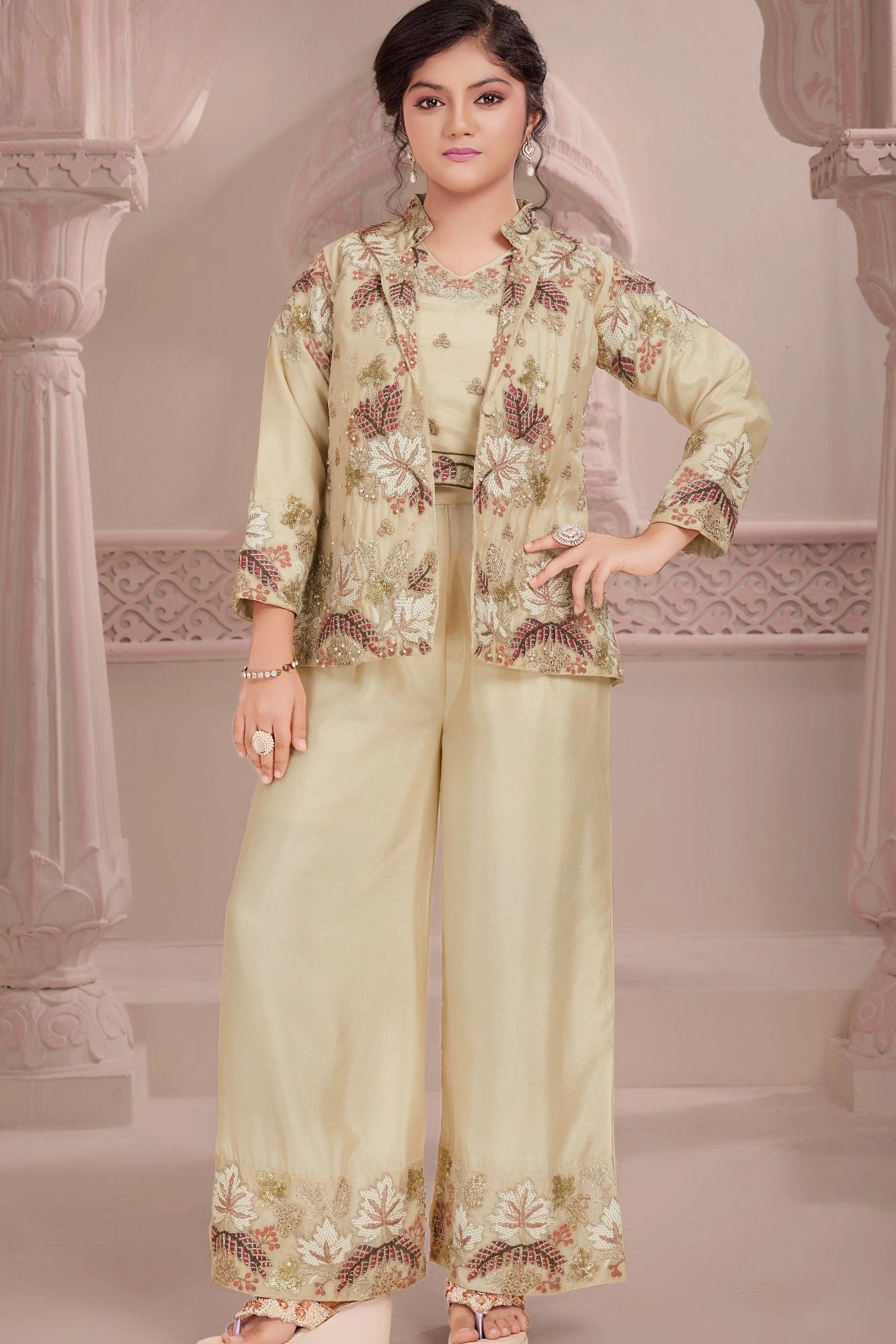Cream Embroidered Jacket Palazzo Set for Girls