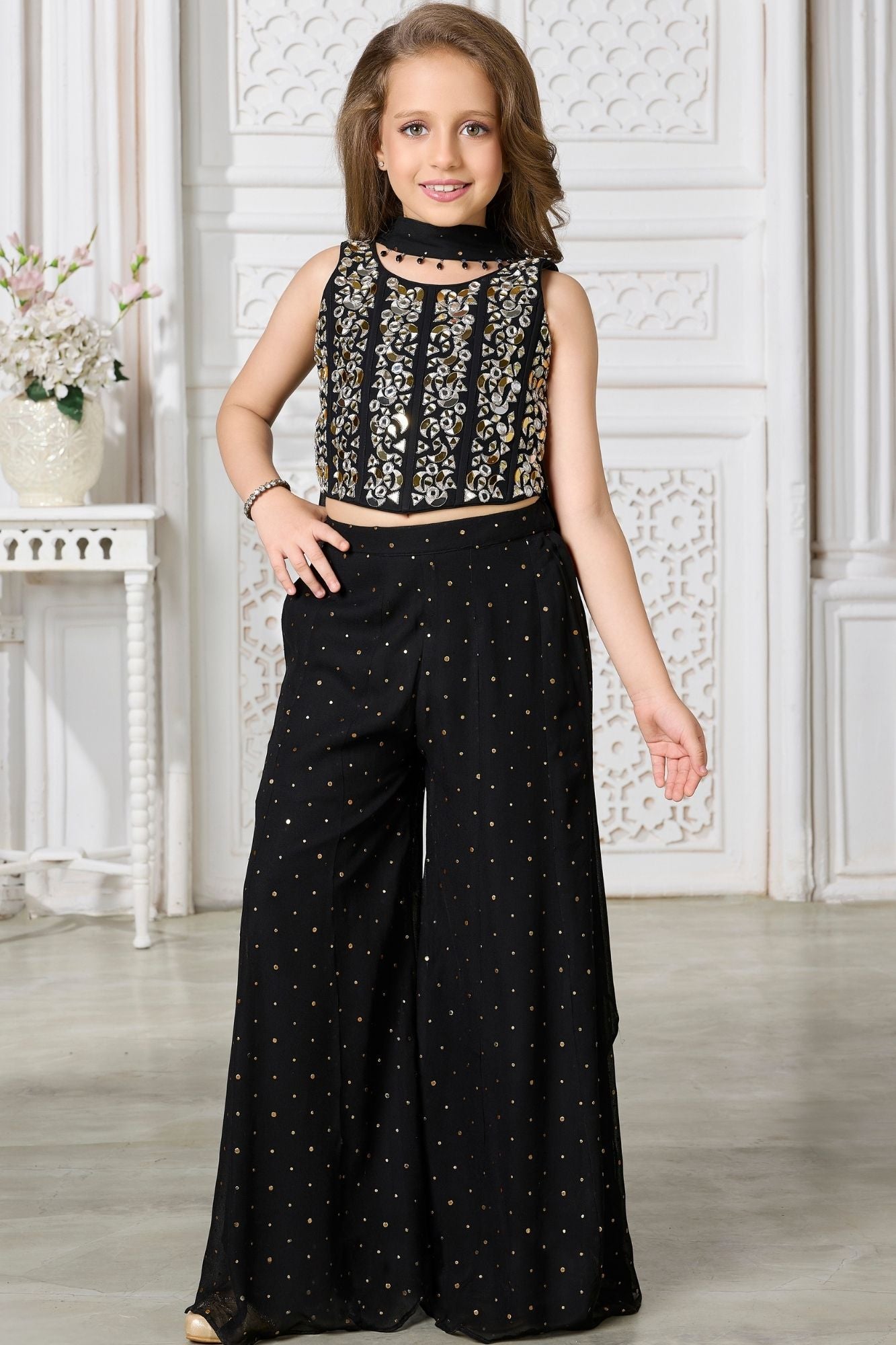 Girls Black Mirror And Zari Embellished Palazzo Set with Dupatta