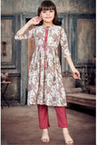 Maroon 3/4th Sleeves With Floral Printed And Bead Work Kurta Set For Girls