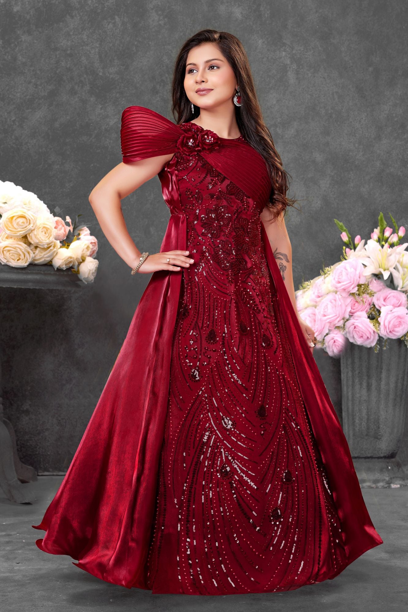 Red Sequin Embroidered Cape Style Party Wear Gown For Girls