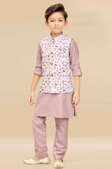 Onion Pink Kurta Set With Cream Embroidered Bandi For Boys