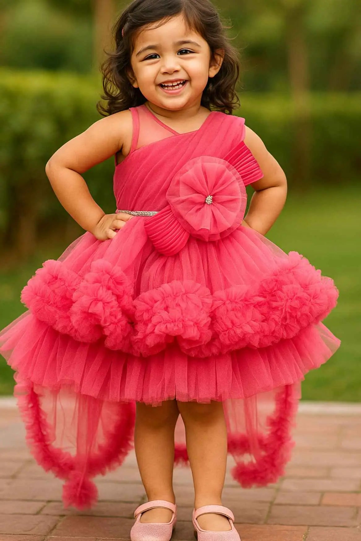 Dark Peach Floral Embellished Party Wear Tailback Frock For Girls