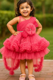 Dark Peach Floral Embellished Party Wear Tailback Frock For Girls