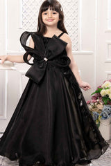 Black Bow Embellished With Stone Work Gown For Girls