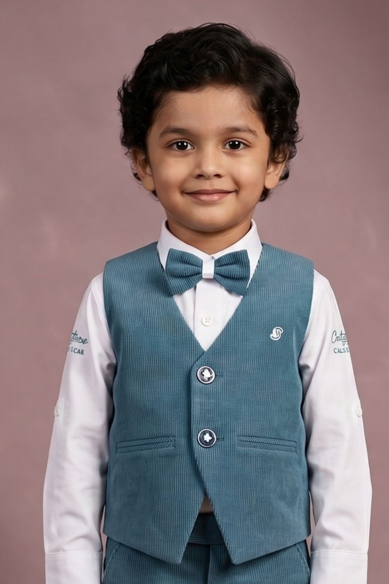 Boys Dusty Blue Waistcoat Suit Set with Bow Tie