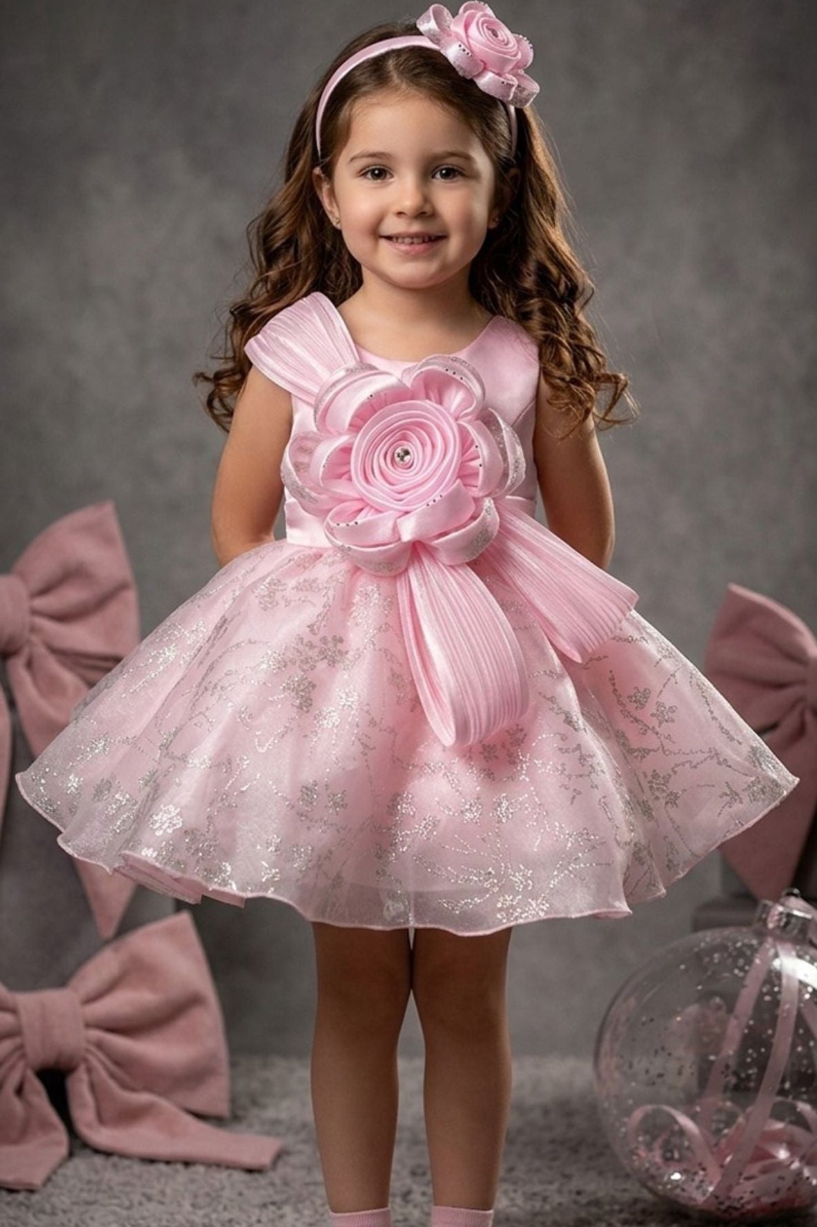 Girls Baby Pink 3D Floral Party Dress