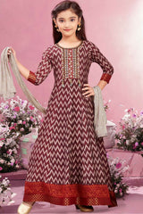 Wine Printed And Sequin Anarkali For Girls