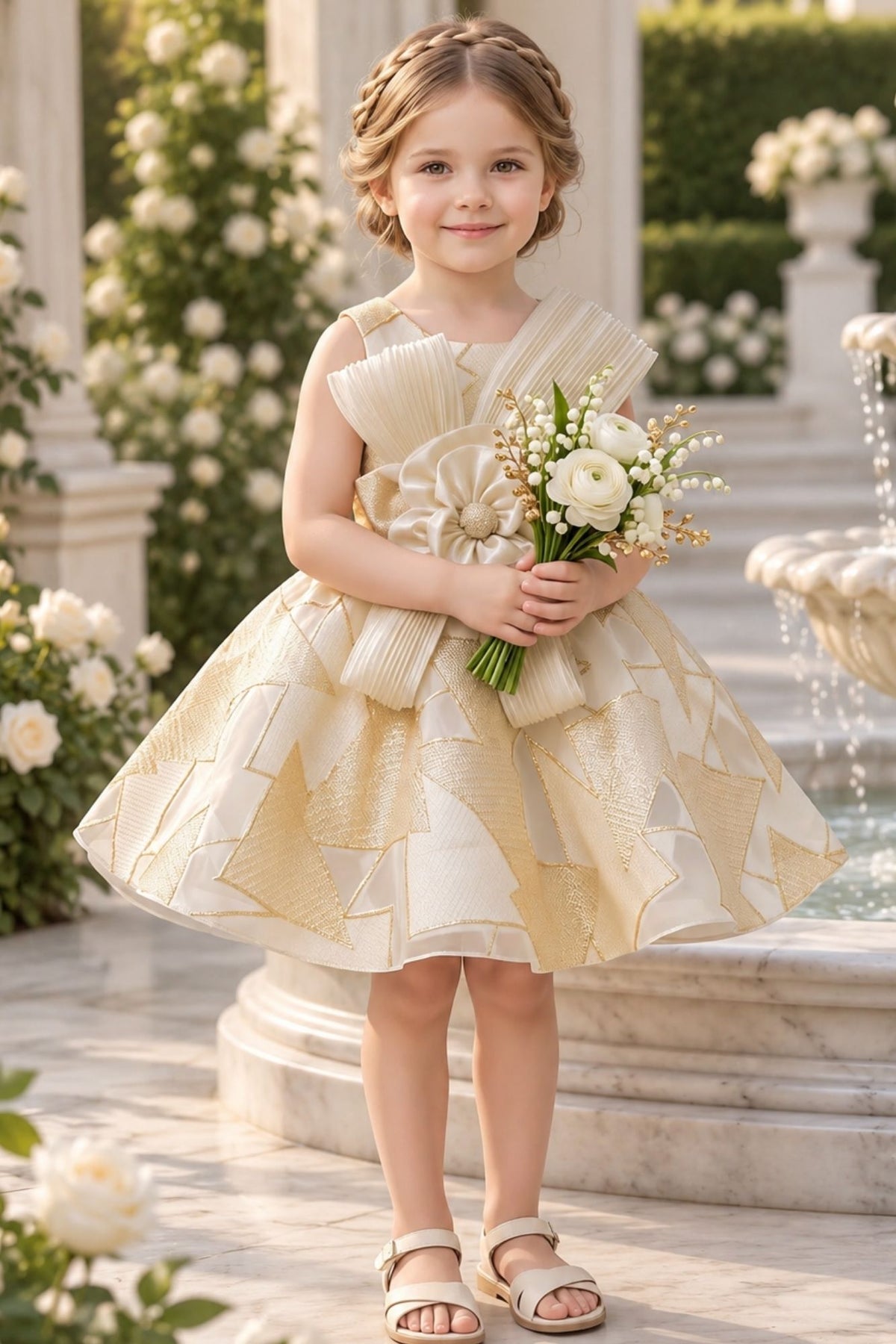 Girls Ivory And Gold Organza Party Frock with Statement Bow