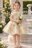 Girls Ivory And Gold Organza Party Frock with Statement Bow