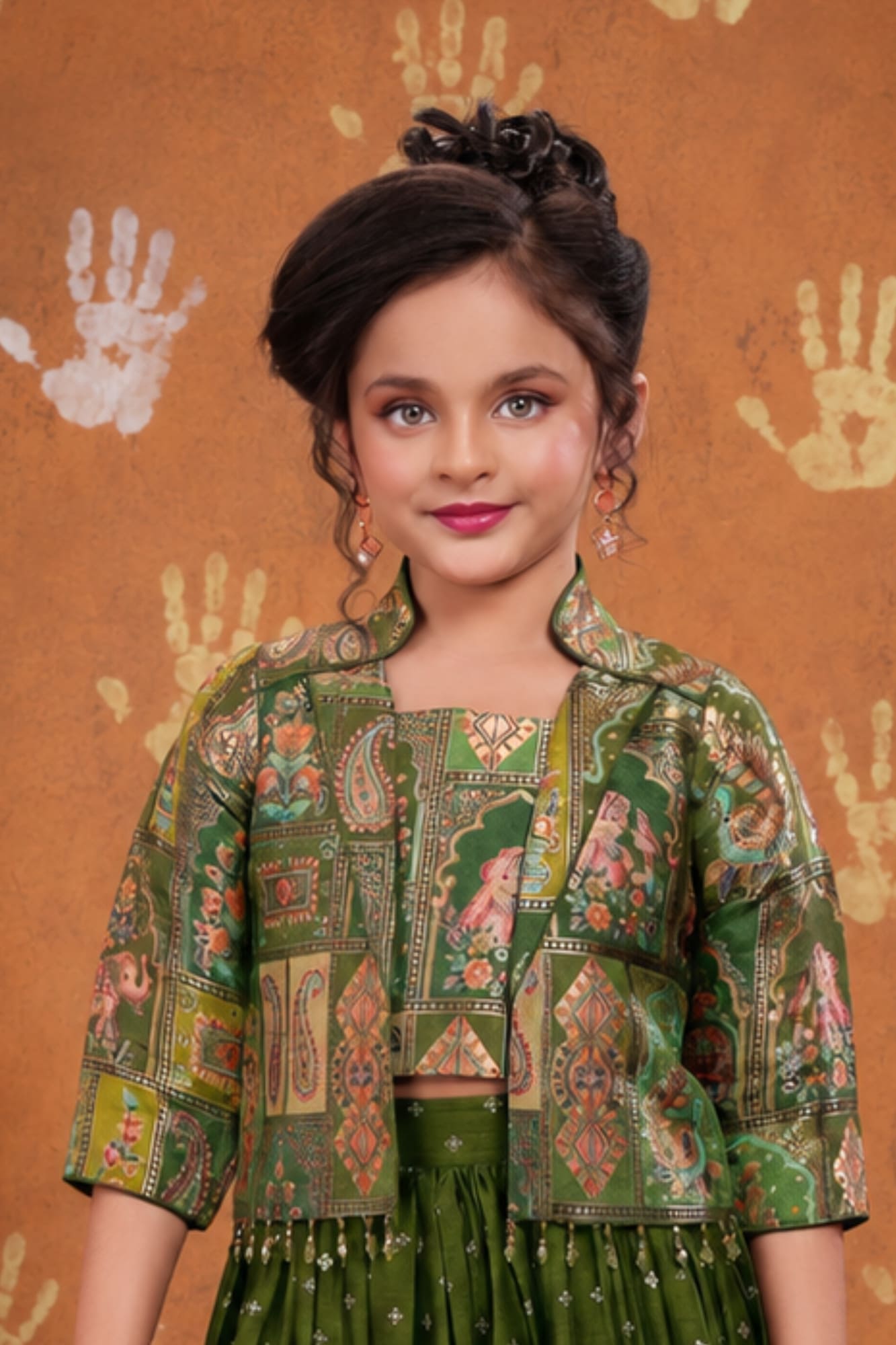 Girls Olive Green Printed Palazzo Set with Jacket and Palazzo Pants