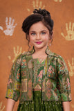 Girls Olive Green Printed Palazzo Set with Jacket and Palazzo Pants