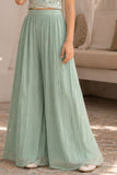 Girls Sea Green Embroidered Crop Top With Pleated Palazzo Set