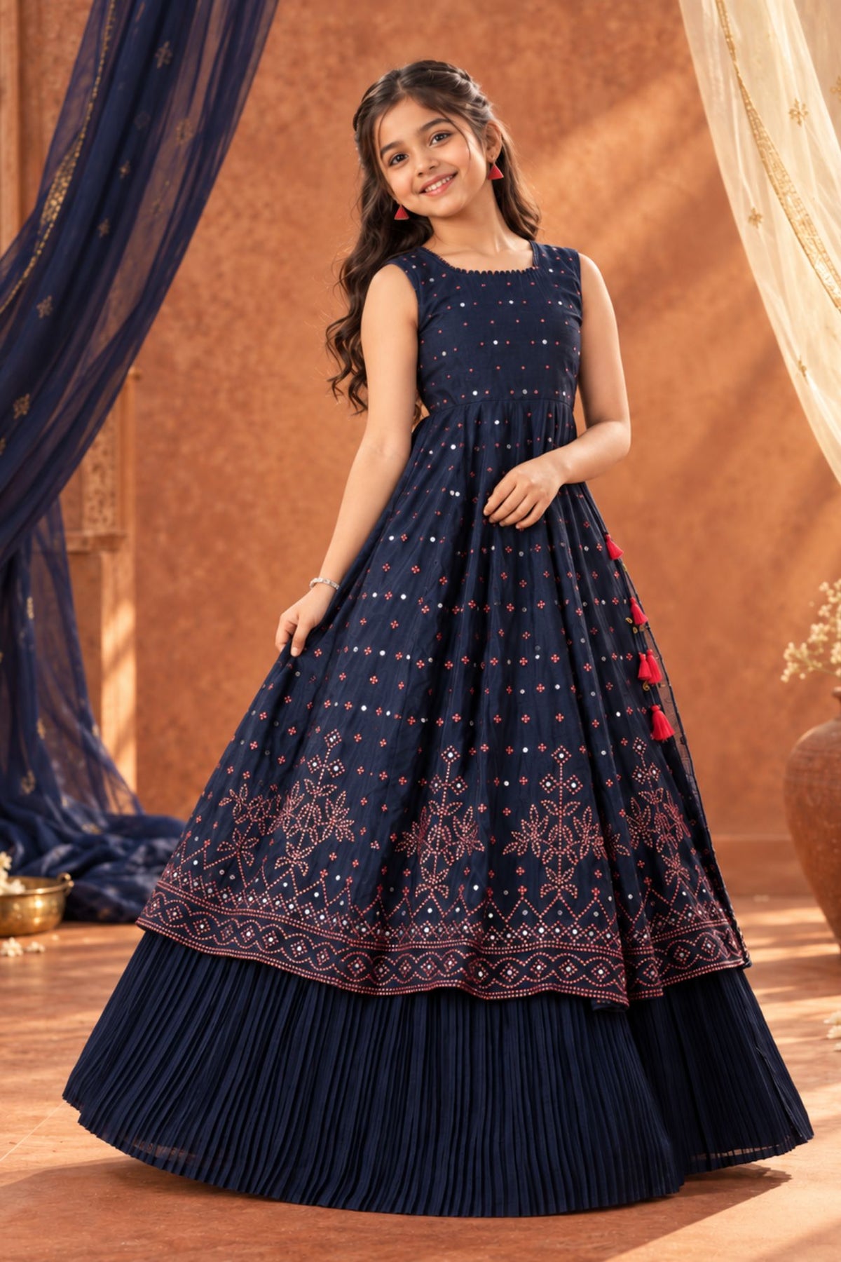 Navy Blue Sequin And Mirror Work Lehenga Choli Set For Girls
