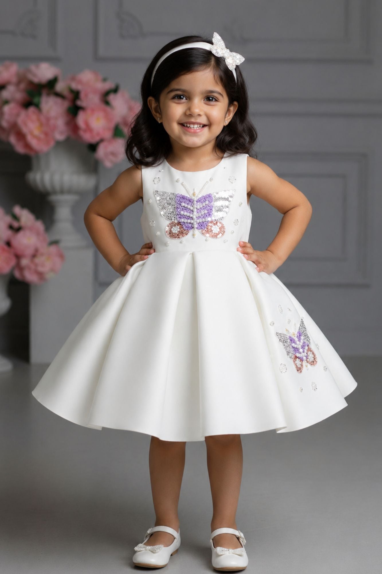 Girls White Butterfly Embellished Party Wear Frock