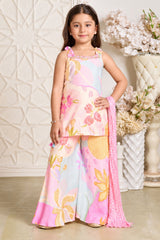 Girls Charming Pink Multicolor Floral Printed Palazzo Set