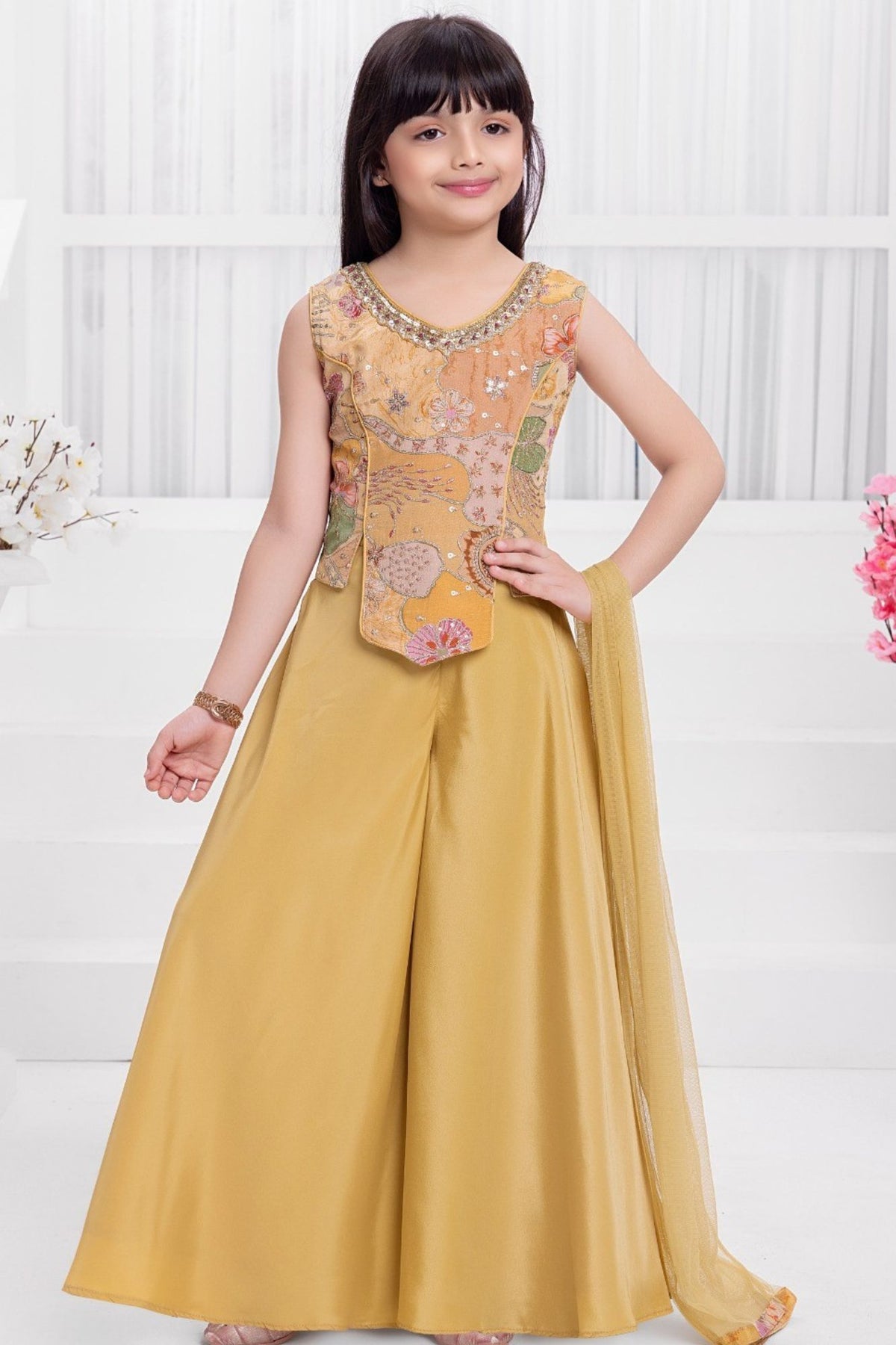 Girls Gold Floral Sequin Embellished Palazzo Set