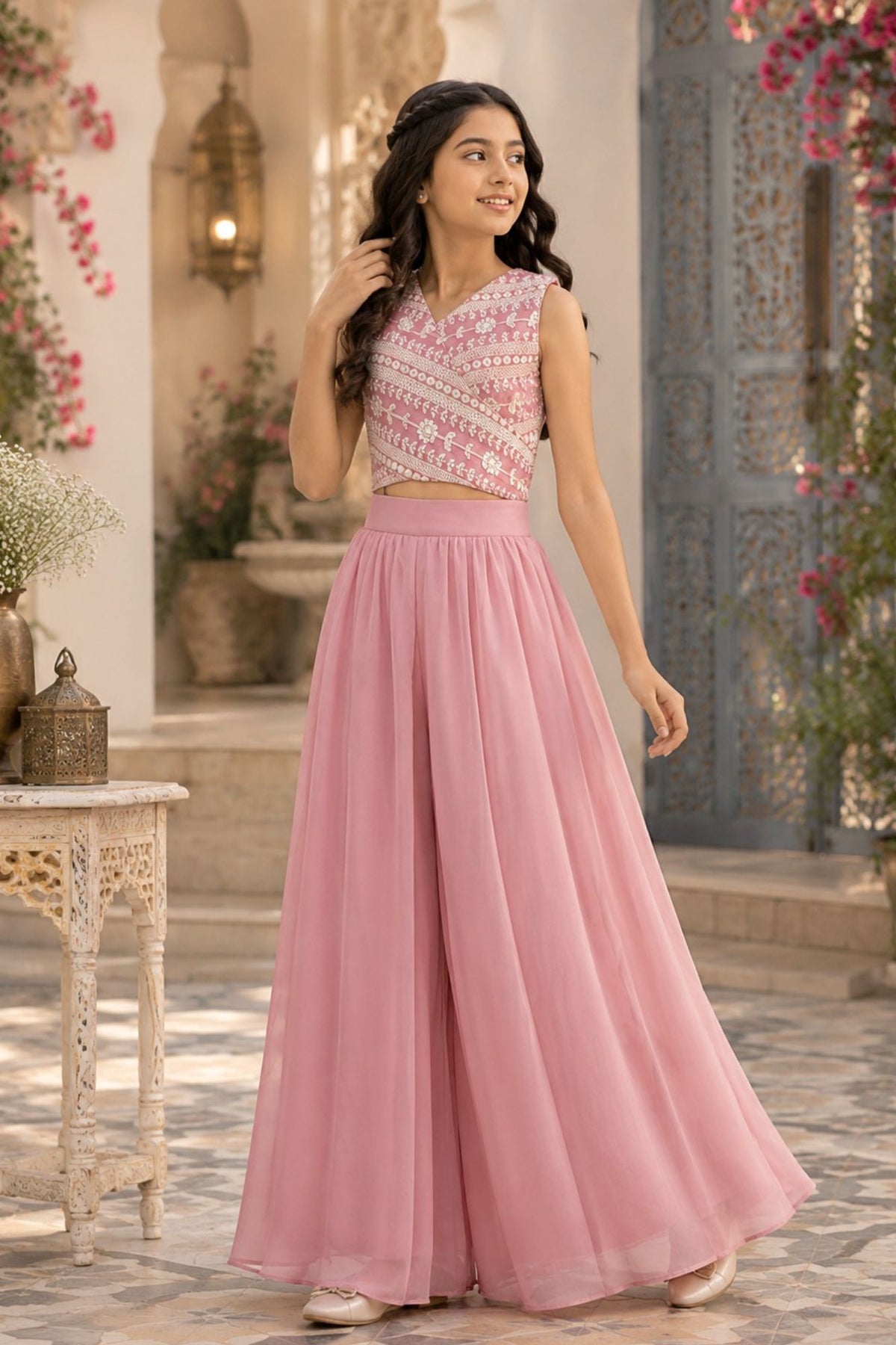 Girls Dusty Pink Embroidered Crop Top With Flared Palazzo Set