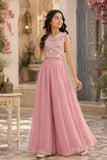 Girls Dusty Pink Embroidered Crop Top With Flared Palazzo Set