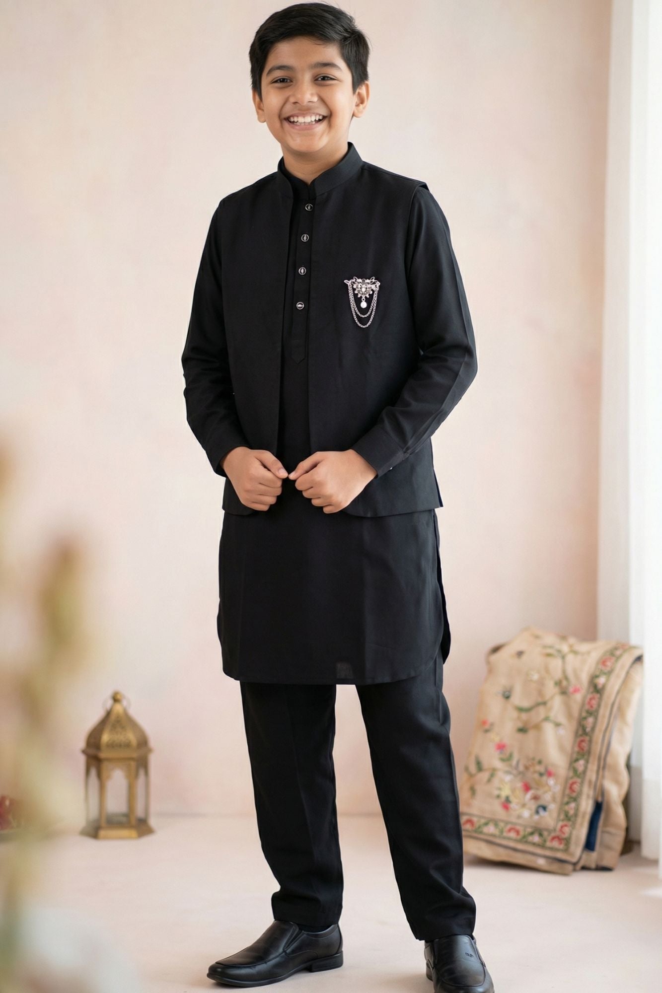 Boys Black Kurta Pajama Set with Nehru Jacket