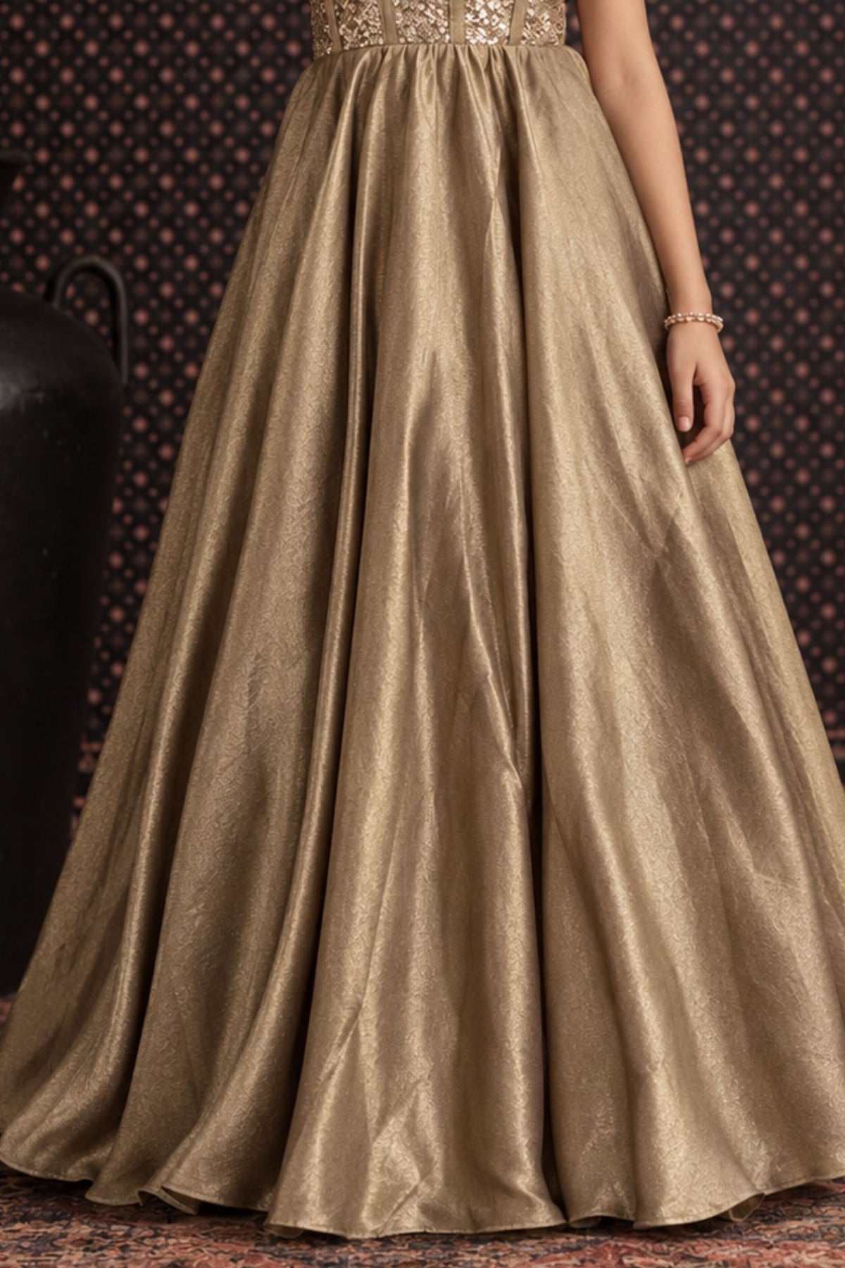Girls Champagne Gold Sequined One Shoulder Party Wear Gown