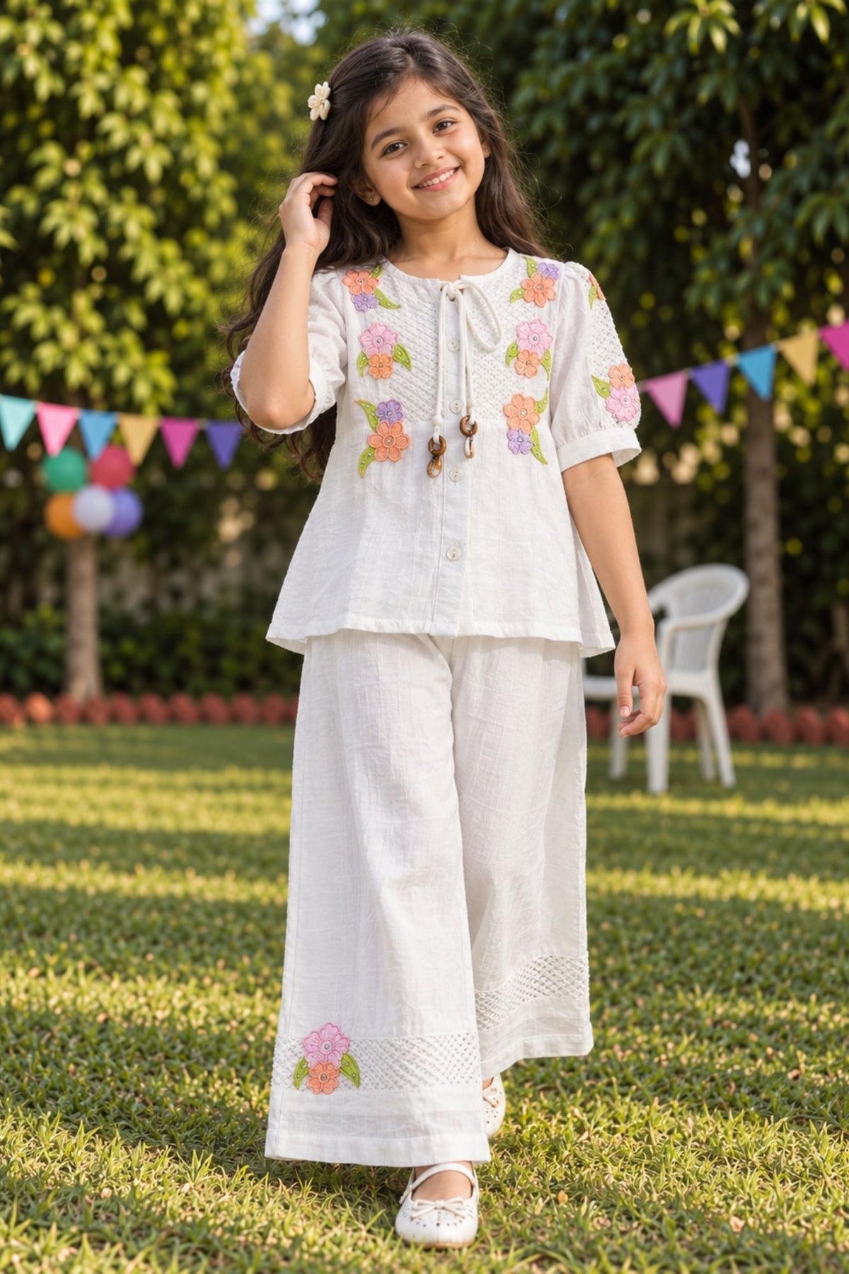 Girls White With Multicolour Floral Embroidered Co-Ord Set