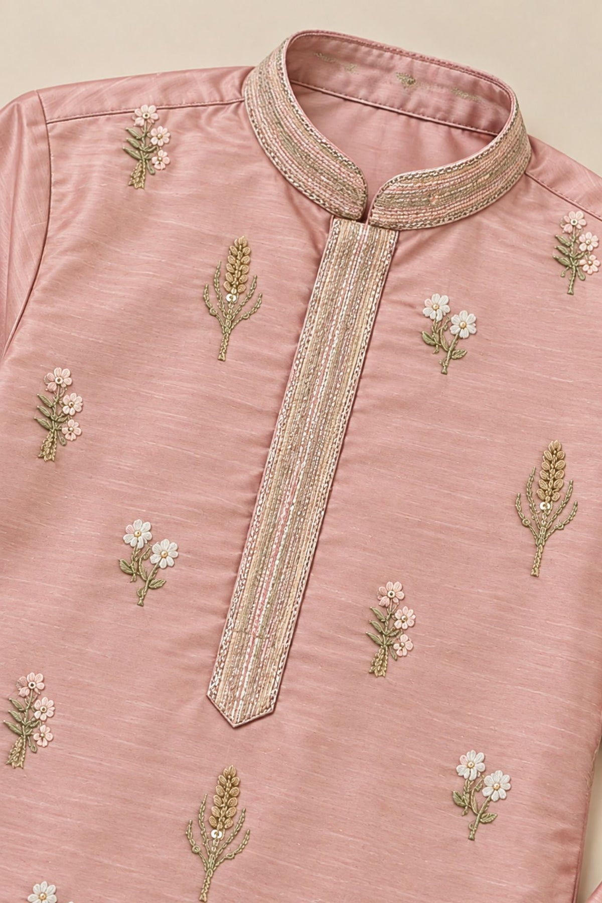 Boys Light Pink Chanderi Silk Embroidered Kurta Pant Set