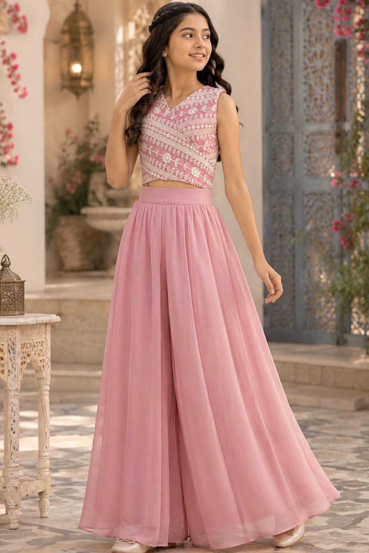 Girls Dusty Pink Embroidered Crop Top With Flared Palazzo Set