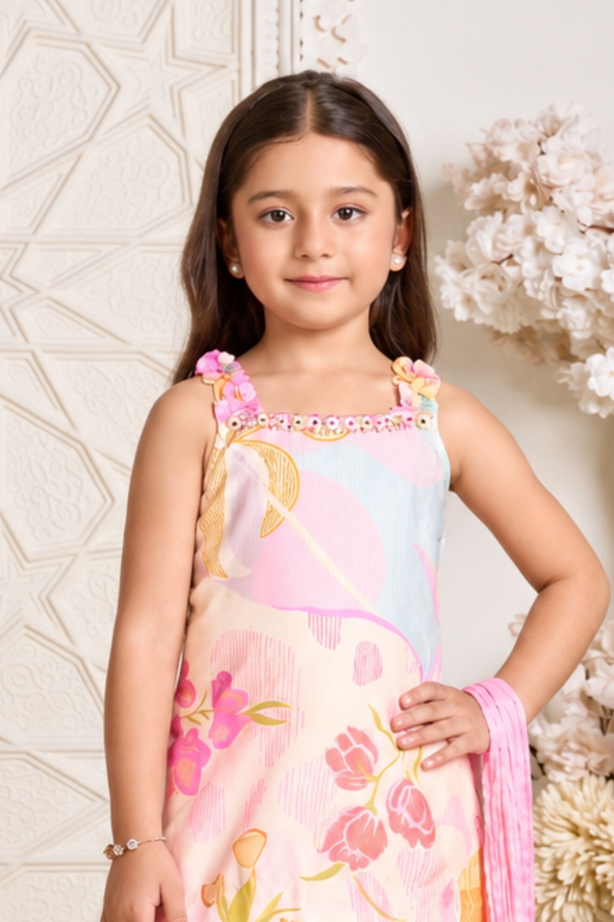 Girls Charming Pink Multicolor Floral Printed Palazzo Set