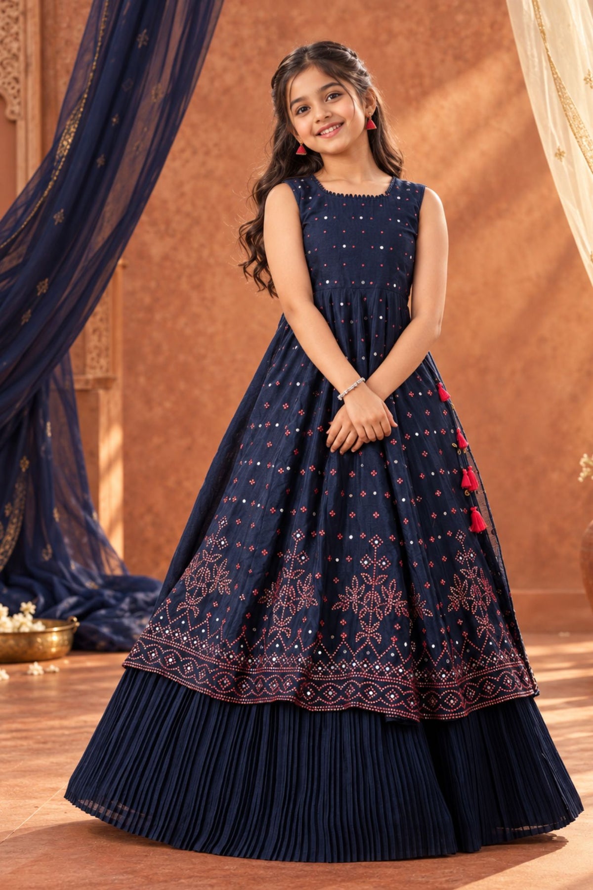 Navy Blue Sequin And Mirror Work Lehenga Choli Set For Girls