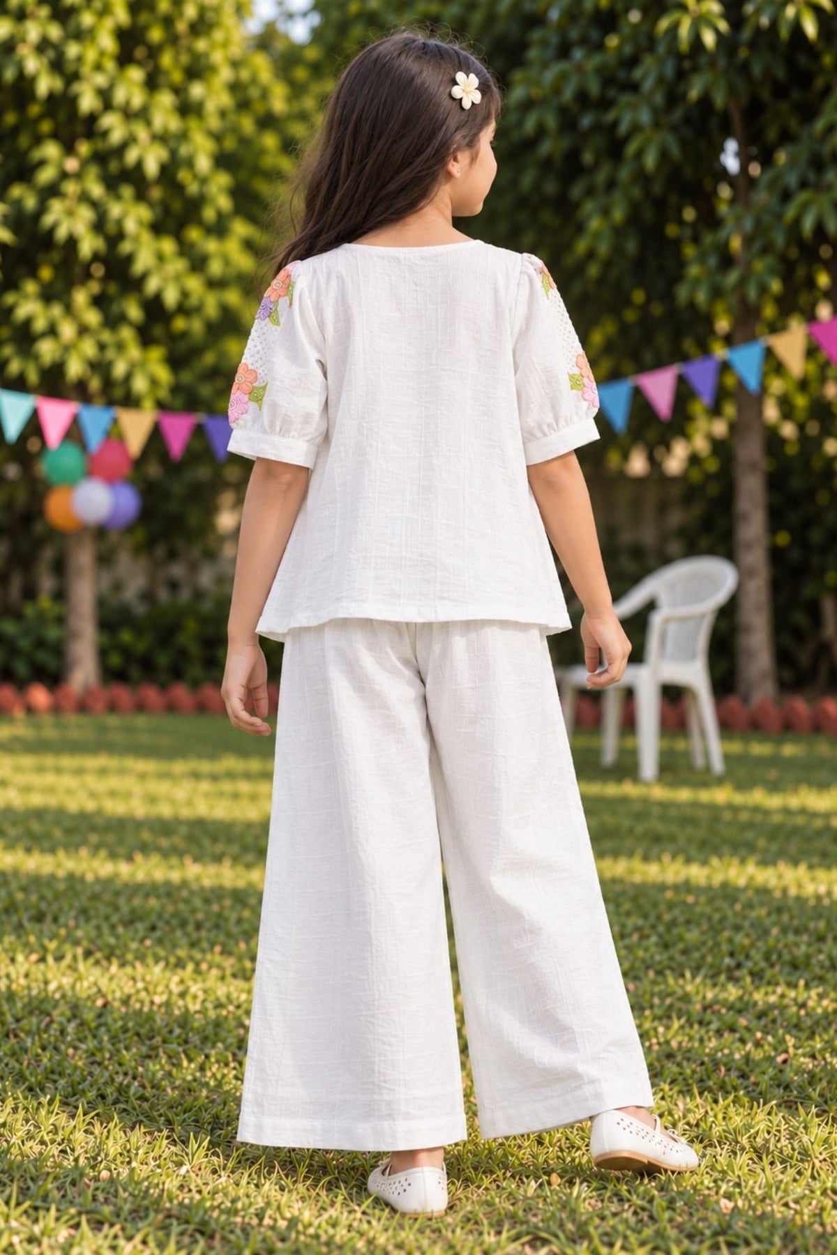 Girls White With Multicolour Floral Embroidered Co-Ord Set