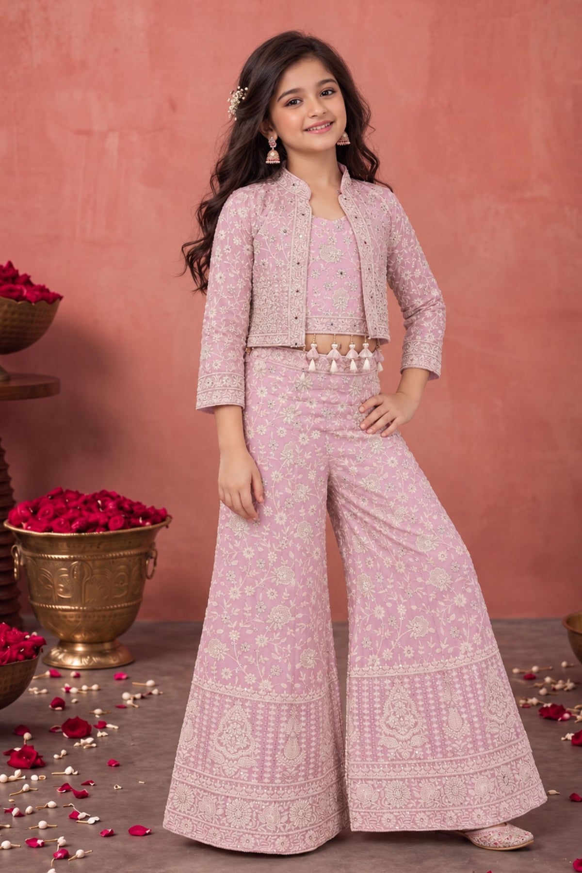 Blush Pink Thread Embroidered Palazzo Set with Crop Top and Matching Jacket for Girls