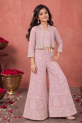 Blush Pink Thread Embroidered Palazzo Set with Crop Top and Matching Jacket for Girls