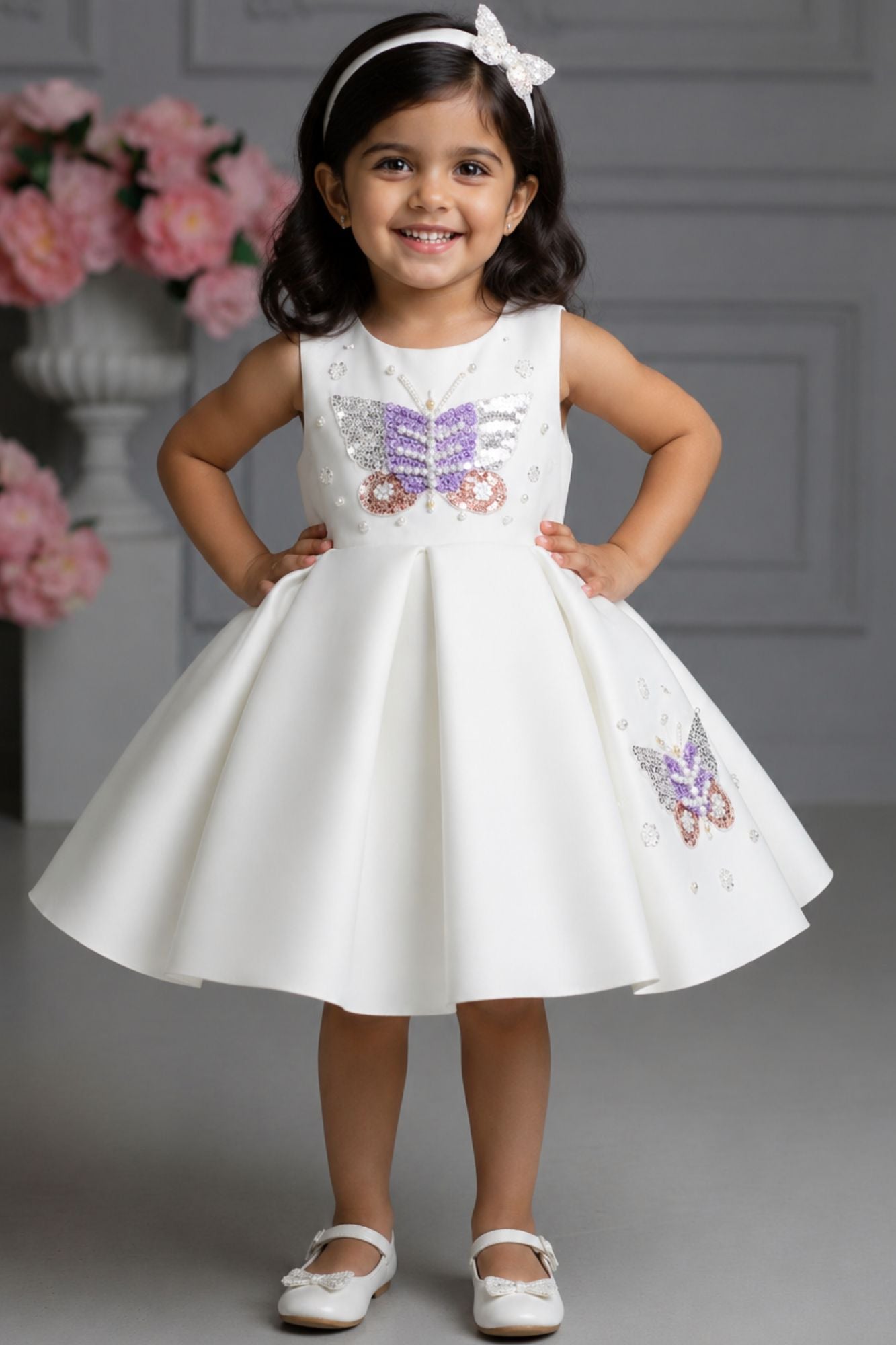 Girls White Butterfly Embellished Party Wear Frock