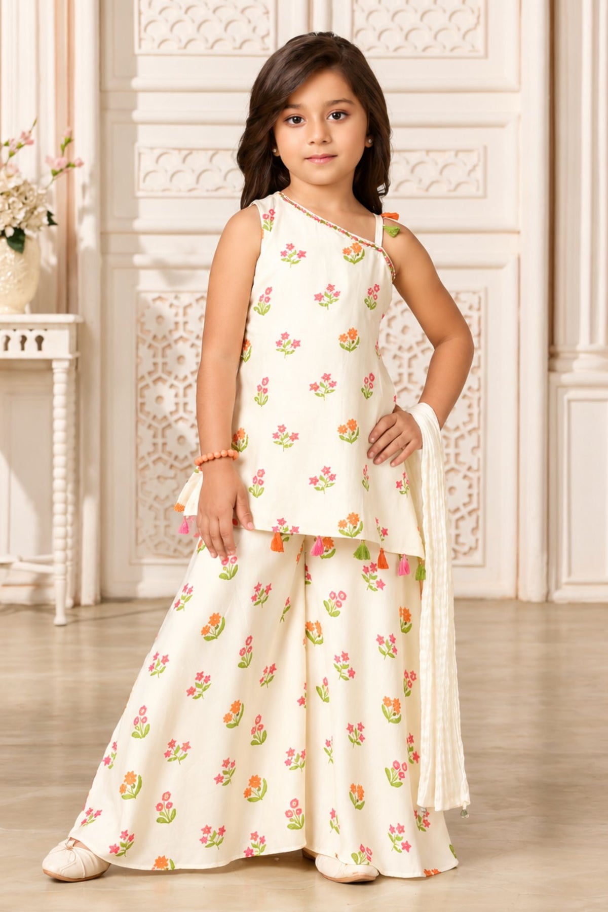 Girls Charming Cream With Multicolor Floral Printed Palazzo Set