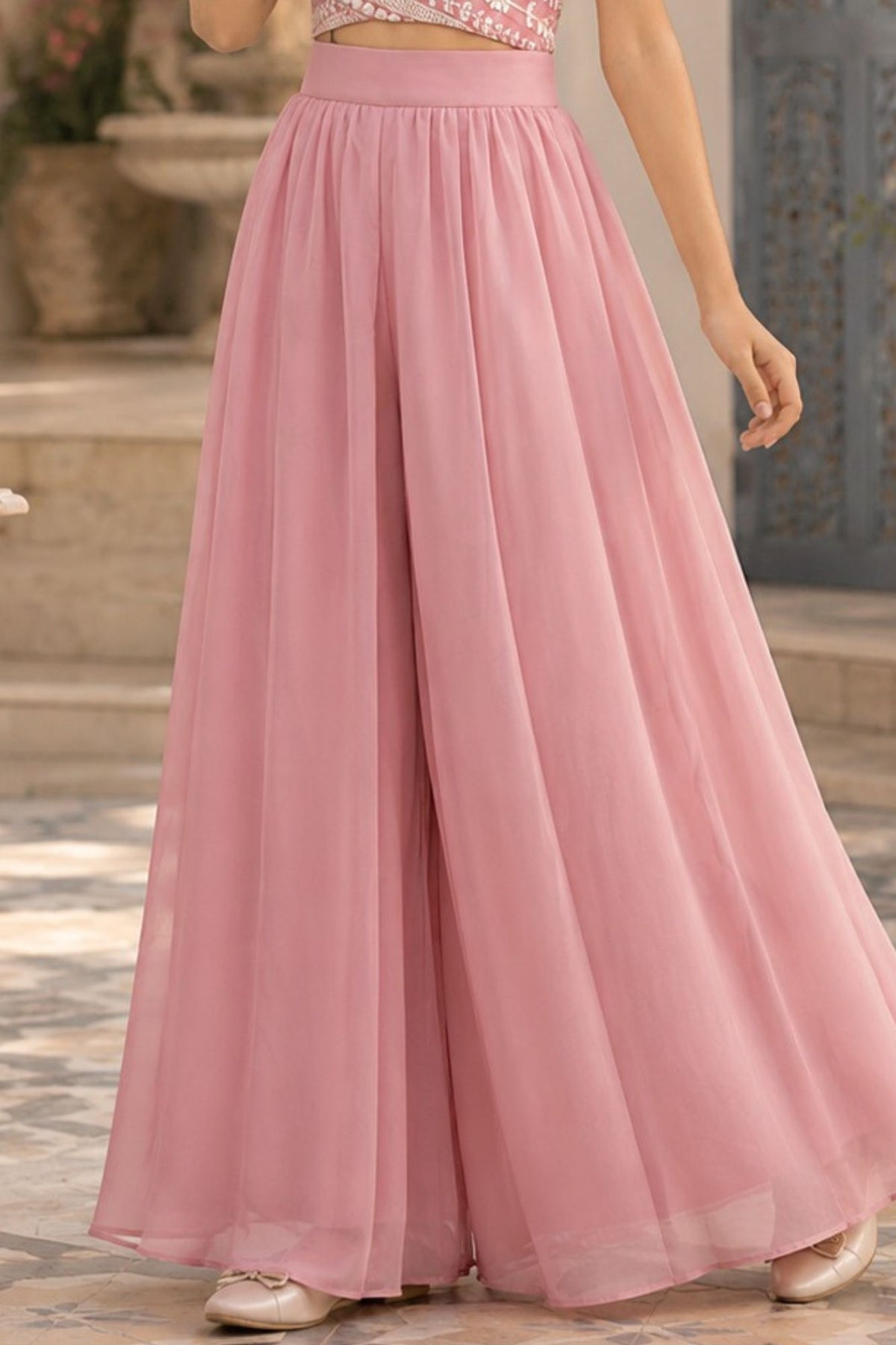 Girls Dusty Pink Embroidered Crop Top With Flared Palazzo Set