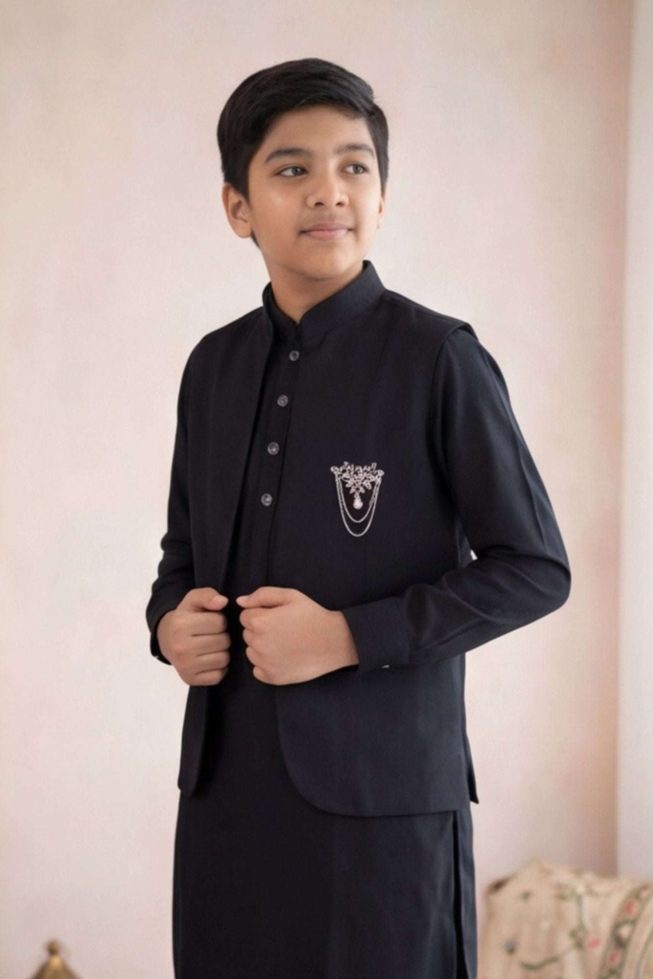 Boys Black Kurta Pajama Set with Nehru Jacket
