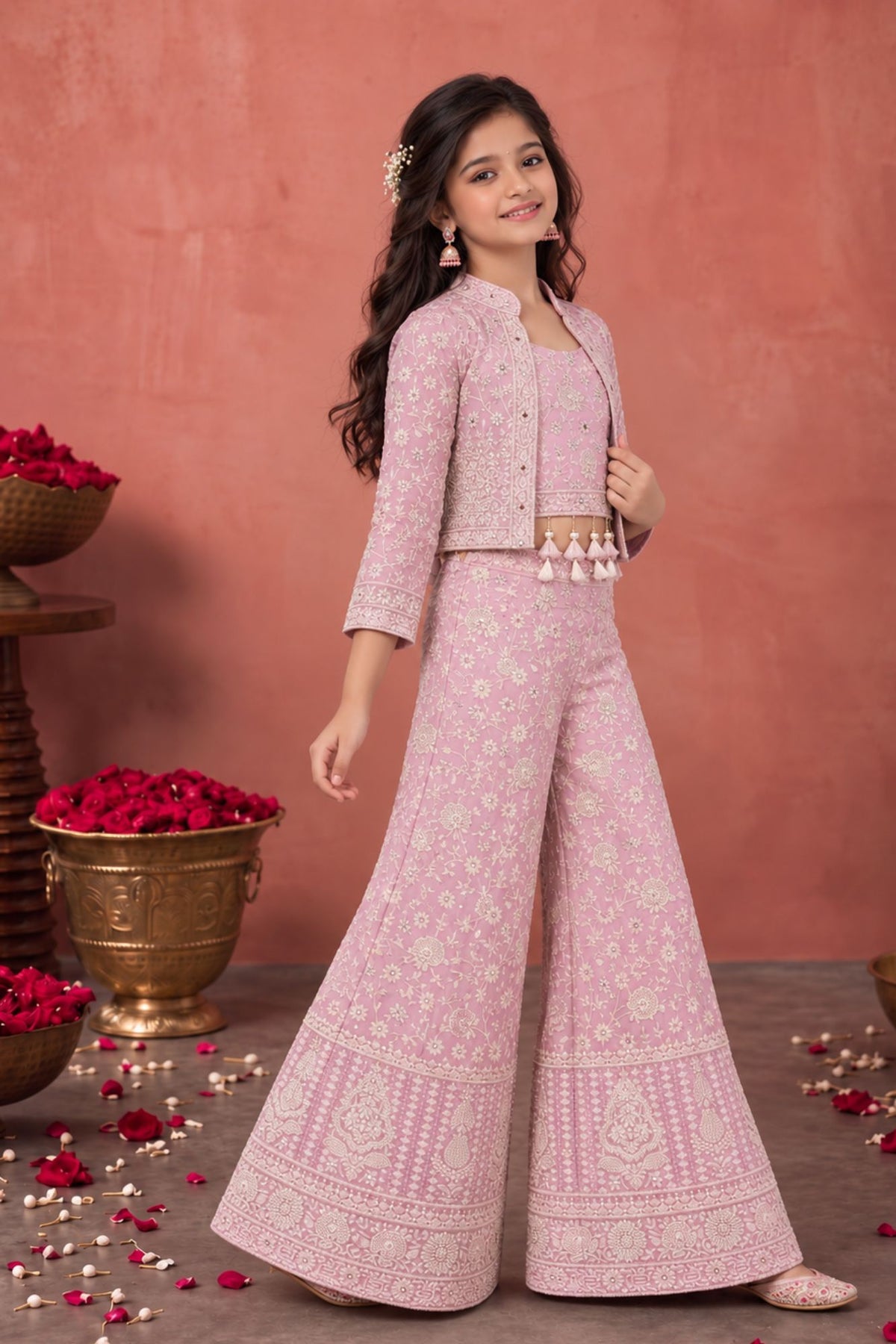 Blush Pink Thread Embroidered Palazzo Set with Crop Top and Matching Jacket for Girls
