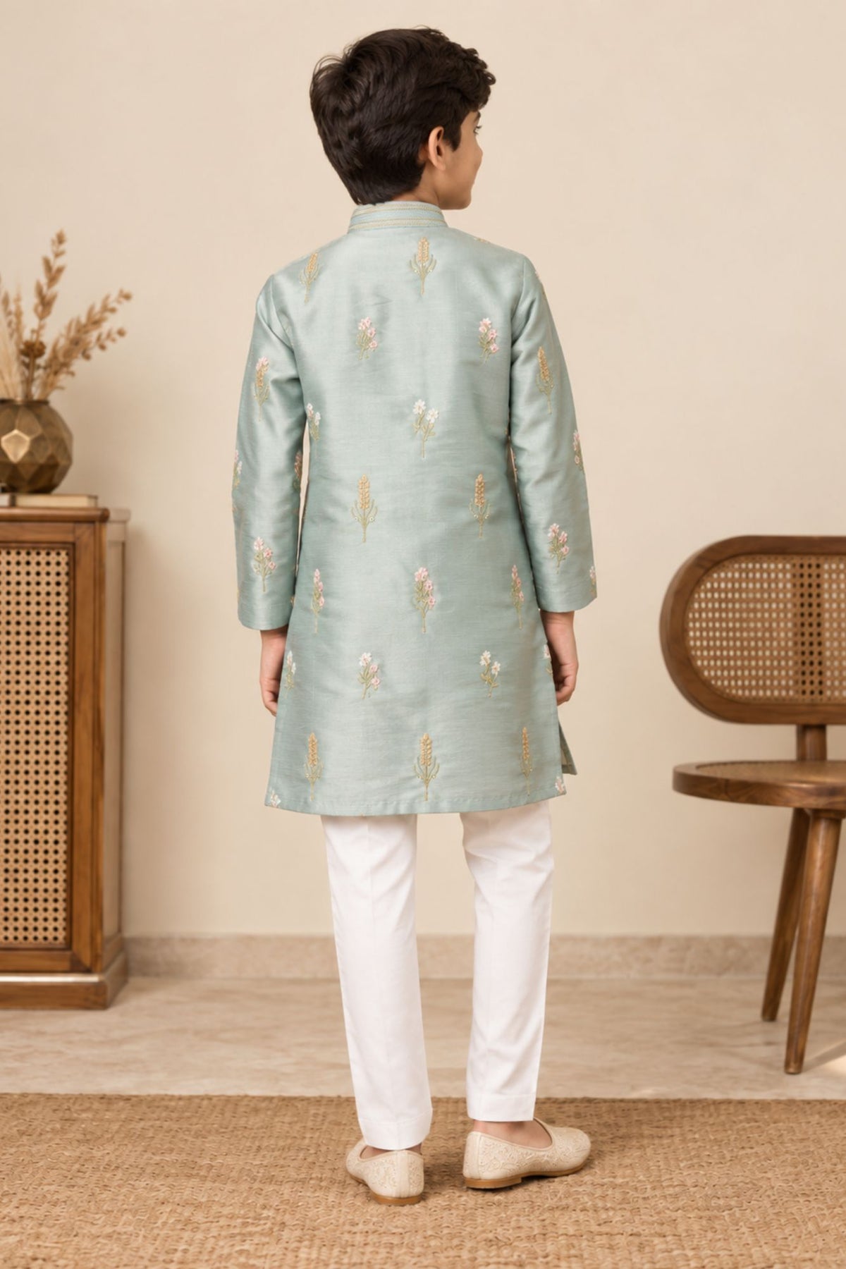 Boys Light Blue Chanderi Silk Embroidered Kurta Pant Set