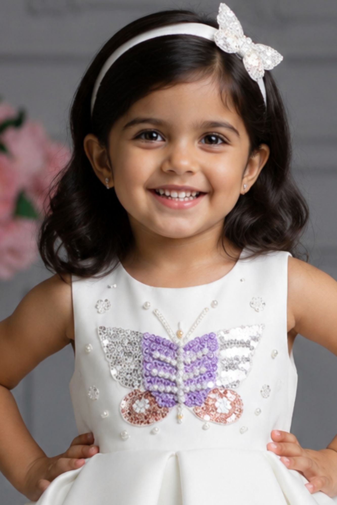 Girls White Butterfly Embellished Party Wear Frock